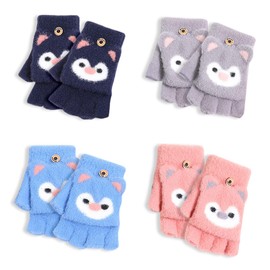 Bekecidi 4 Pairs Kids Fingerless Gloves, Convertible Flip Top Thermal Gloves, Cartoon Fingerless Flap Cover Gloves, Knitted Half Finger Gloves, Winter Warm Mittens for Boys and Girls Age 5-10