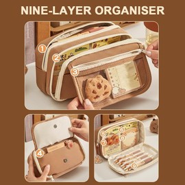HASAIKA® Schulsachen Pencil Case, Multi-layer Cute Pencil Case, Pencil Case, Multiple Compartments, Large Capacity, with Cute Plush Brooch and Stickers, brown, cute