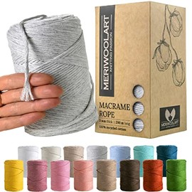 MeriWoolArt® Macrame Yarn Grey - Macrame Yarn 3 mm Coloured 200 m - Super Soft Yarn, Single Twist Macrame Cord - Oeko-Tex 100% Recycled Cotton Yarn Coloured - DIY Boho Decorative Macrame