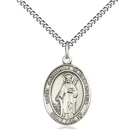 St. Catherine of Alexandria Medal in Fine Pewter, 3/4" Tall on a 18" Light Rhodium Clasp Chain