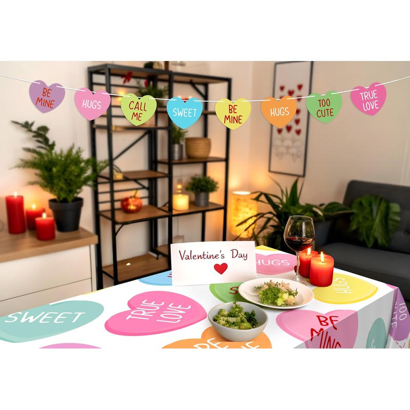2Pcs Valentines Day Tablecloth Decorations 60x84 Inch: Candy Heart Table