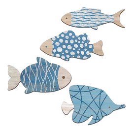 Aikgidtt 4 Pieces Wooden Fish Wall Decor Set, 12 Inch Coastal Wall Art for Bathroom, Beach House, Family Rooms - with Hooks & Adhesive Pads (Blue)