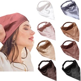 DINPREY Short style Elastic Hair Scarf Headbands Silk Hair Bandanas Scarf Solid Head Kerchief Headbands with Clips for Women (8 Colors Set)