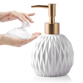 Ceramics Gold Soap Dispenser for Bathroom, Relief Soap Dispenser for Kitchen Sink, 400ml/13.5Oz Refillable Liquid Hand Soap Bottle with Gold Pump (White).