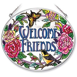 Amia Hand Painted Glass Suncatcher with Welcome Friends Design, 5-1/4-Inch by 7-Inch Oval