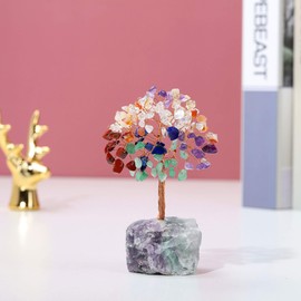 JSDDE Feng Shui Tree Money Tree Made of Natural Precious Stones Tree of Life Fluorite Base Wire Wrap Tumbled Stones Tree of Life Lucky Tree Family Office Table Room Decoration (7 Chakra)