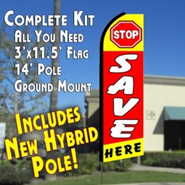 STOP SAVE HERE (Yellow/Red) Flutter Feather Banner Flag Kit (Flag, Pole, & Ground Mt)