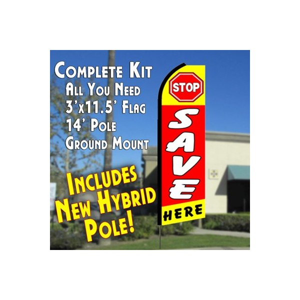 STOP SAVE HERE (Yellow/Red) Flutter Feather Banner Flag Kit (Flag,