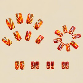 Press On Nails Coffin Fake Nails Flame Stick On Nails Dark Red Glue On Nails Golden Stripes Glossy Shiny Gradient Artificial Nails Full Cover Acrylic Nail Kit For Women Girl 24pcs