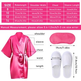 18 Pcs Spa Party Supplies for Girls 6 Satin Kimono Robe 6 Sleeping Eye Mask 6 Disposable Slippers for Flower Girl Kid Salon Pedicure Wedding Birthday Favors Washing Shower (Size 8, Rose Red)