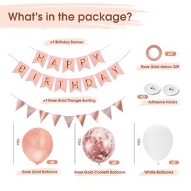 OHugs Birthday Decorations for Women - Happy Birthday Banner with 12 Inch Rose Gold, White, and Confetti Balloons - Girls Happy Birthdays Bunting Banner with Wall Hooks and Ribbons