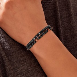 Heyjoin Beading Leather Bracelet Men Cross Inspirational Magnetic Steel Clasp Wristband Braided Cuff (Red Tiger's-eye 23CM)