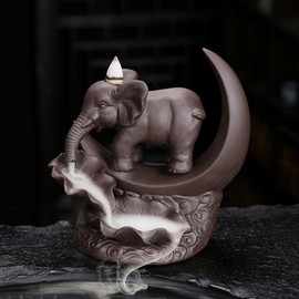 Backflow Incense Burner Incense Holder Elephant Moon Handicraft Incense Holder Ceramic Fountain Censer + Backflow Incense Cones Incense Sticks Tweezer Mat for Aromatherapy Ornament Home Office (Brown)