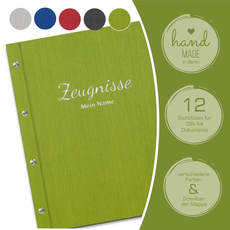 Handmade Certificate Folder with Your Own Name in Green Linen