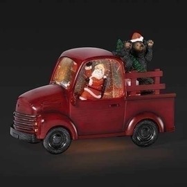 9.5" Red and Black Swirl Truck with Bear LED Christmas Tabletop Decor