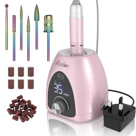Kredioo Professional Electric Nail Drill Machine 35000RPM Electric Nail Files for Acrylic Nails Gel Nails Manicure Pedicure Salon E File Kit with Pause Button LED Display, 36W, UK Plug, Rose Pink