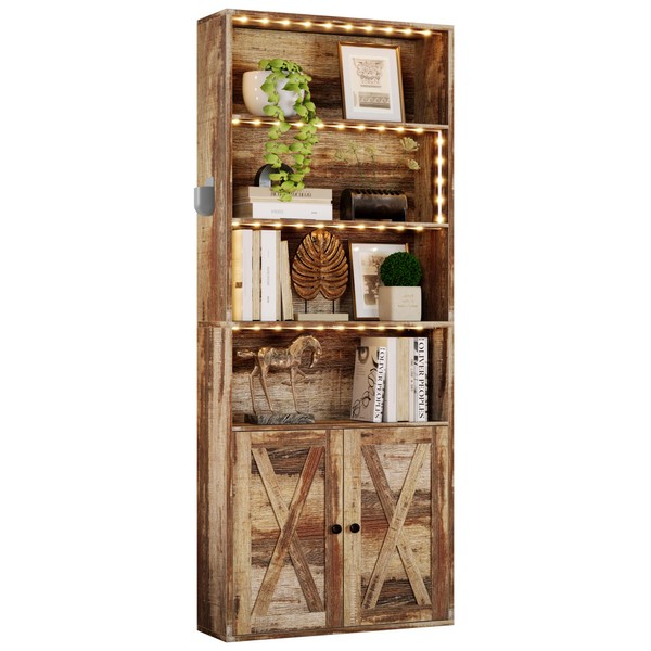 IRONCK Tall Bookcase with LED Lights, 70 in Industrial Bookshelf