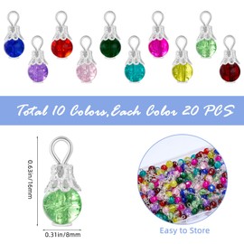LEGENTLISUR 200 Pcs Bead Crystal Charms for Jewelry Making Crafts Colorful Crackle Round Glass Charms Pendants for Bracelets Necklace Earrings Findings for DIY Keychain Accessory (Silver)