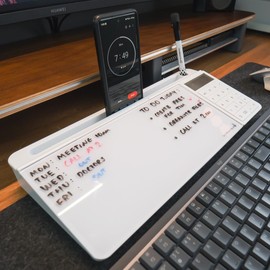 DeskBoard Buddy Desktop Whiteboard with Calculator + 2 Markers - White Desk Dry Erase Easel Board Pad for Computer Table Top - Small Size, Portable, Glass Tabletop Notepad Bord with Mini Marker Stand