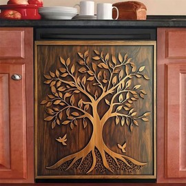 Woodcarving Tree of Life Kitchen Magnets Decor Magnet Dishwasher Cover, 3D Tree of Life Magnetic Refrigerator Skins Cover, Wooden Door Home Dishwasher Sticker - 23" x 26" Magnetic
