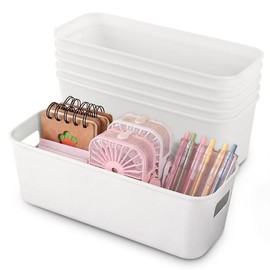 Cartlant 6 Stück Aufbewahrungsbox Kunststoff Klein, Aufbewahrung Organizer Box Korb Boxen mit Griffen, Weiß Aufbewahrungskorb Schmal Plastik für Küche, Badezimmer, Schrank, Büro, Regal, Spielzeug