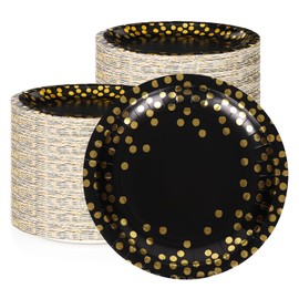 100Pcs Black and Gold Party Supplies, Black Plates Disposable for Party, 7inch Round Black and Gold Plates, Dinner Plates Golden Foil Polka Dots Prarty Supplies for Graduation