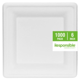 Responsible Products 6 inch Square Plates I Tree-Less™ Compostable Molded Fiber Square Plates I Extra Strength I No Added PFAS I Classic White (1000 Count)