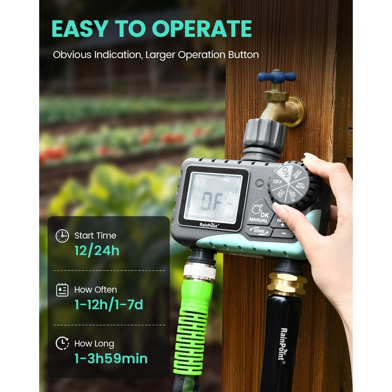 RAINPOINT Sprinkler Timer 2 Outlet, Water Timer for Garden Hose,