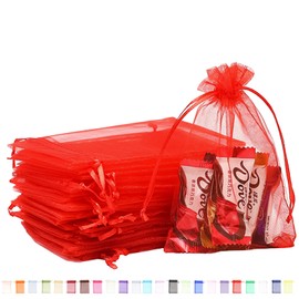 100pk Red Organza Gift Bags,9x12cm Small Organza Favor Bags,Wedding Jewelry Pouches with Drawstring,Mesh Candy Favour Bag Party Sweet Bags for Birthday,Wedding,Christmas,Gift Wrapping