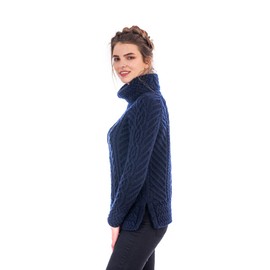 SAOL Women's 100% Merino Wool Fisherman Funnel Neck Cable Knit Long Loose Fit Sweater Knitwear (Navy, Medium)