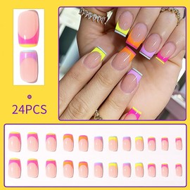 Candy French Nail Tips for Women Press on Nails Acrylic Fake Nails with Design Medium Square Coffin False Nails Reusable Nail Kit with Nail Glue Adhesive Tabs Nail File