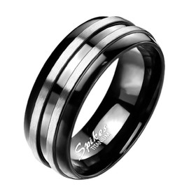 Bungsa Titanium Ring Black with Two Silver Stripes Unisex, Titanium, No Gemstone