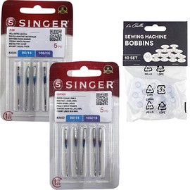 Singer Set of 2 Packs Universal Sewing Machine Sewing Needles for Sewing Denim Fabric and Leather 2026 and 2032, System 130/705 H, Flat on One Side, H-J and H-LL + Plastic Bobbins