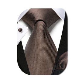 HISDERN Men's Wedding Ties and Pocket Square Solid Tie Cufflinks Set, brown