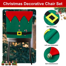 Slsxip Christmas Elf Chair Covers - Kitchen Dining Chair Back Decor with Jingle Bells, Candy Canes & Belt Buckle Design, Holiday Party Home Decorations, Set of 6