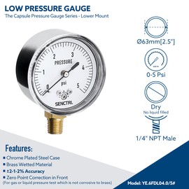 SENCTRL 0-5 Psi Low Pressure Gauge, Capsule Gauge, 2-1/2" Dial Size, 1/4" NPT Lower Mount, Zero Adjustment, for Air Water Gas Pressure Test