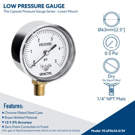 SENCTRL 0-5 Psi Low Pressure Gauge, Capsule Gauge, 2-1/2" Dial Size, 1/4" NPT Lower Mount, Zero Adjustment, for Air Water Gas Pressure Test