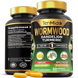 Wormwood Supplement - 6in1 with Dandelion, Turmeric, Black Walnut, Apple Pectin & Black Pepper - Support Digestion & Gut - 60 Vegan & Non-GMO Capsules