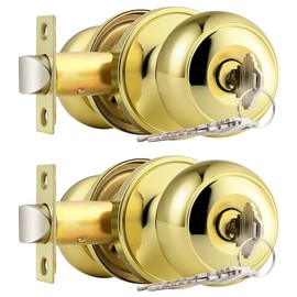 Probrico Gold Interior Door Lock with Round Ball, Polished Brass Exterior Door Knob for Front Door Keyed Alike Door Lock with Knob and Same Key, 2 Pack
