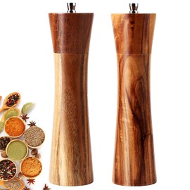 Salt and Pepper Grinders Set, 8 inch Acacia Wooden Salt and Pepper Mills Shakers Kit Ceramic Rotor with Strong Adjustable Coarseness