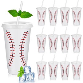 Uiifan 12 Piezas Vasos de Béisbol de Plástico Reutilizables Lindos Vasos de Fiesta con Tapas y Pajitas de 24 oz Regalos de Fiesta Deportiva para Juego de Béisbol Cumpleaños Deportivo Suministros de