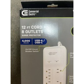 COMMERCIAL ELECTRIC 12 ft. Braided Cord 8-Outlet Surge Protector USB USB-C white