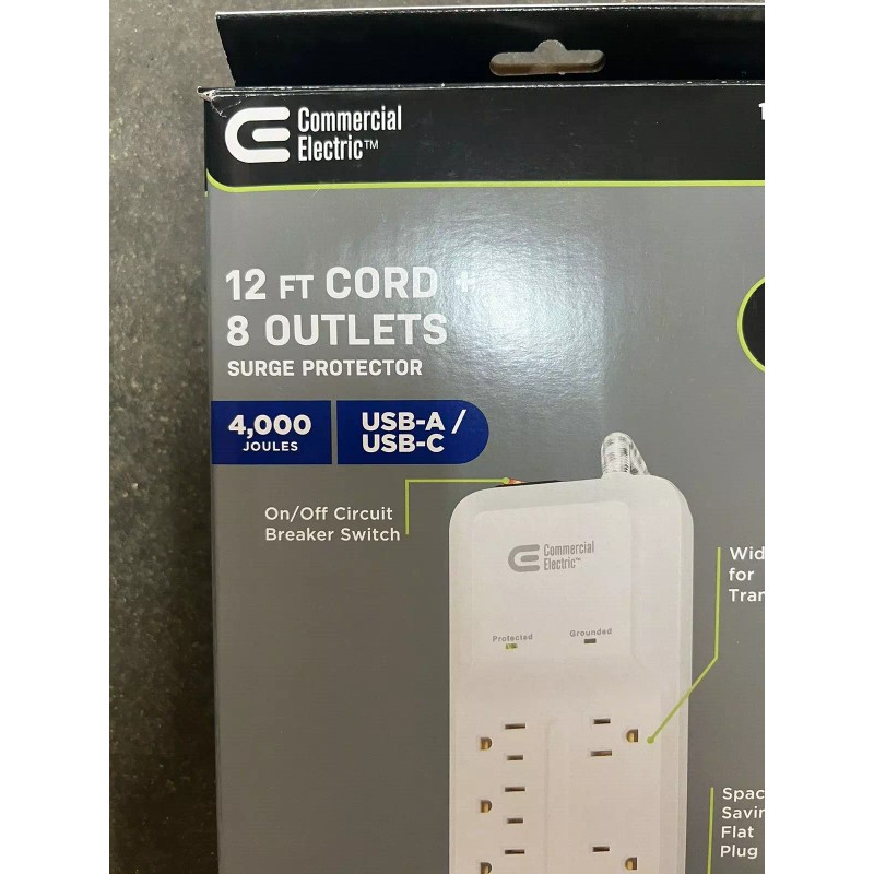 COMMERCIAL ELECTRIC 12 ft. Braided Cord 8-Outlet Surge Protector USB