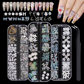 3D Nail Charms, VEGCOO 3 Boxes Nail Art Gems Crystals Rhinestones Pearls Charms Nail Stuff with Tweezers, Flowers Bows Aurora Bear Butterfly Nail Art Charms for DIY Manicure Nail Art Decoration Design