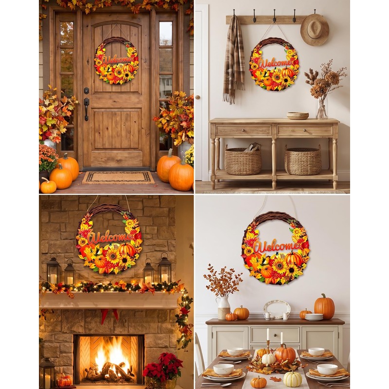 Fall Wreath for Front Door, Wooden Pumpkin Maple Leaf Door
