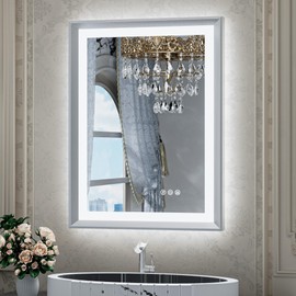 TETOTE Bathroom Mirror with Lights 20x28 Brushed Nickel LED Mirror Silver Frame Frontlit & Backlit Lighted Vanity Mirror Baroque Anti Fog Dimmable White/Warm/Natural,Wall Mounted(Horizontal/Vertical)