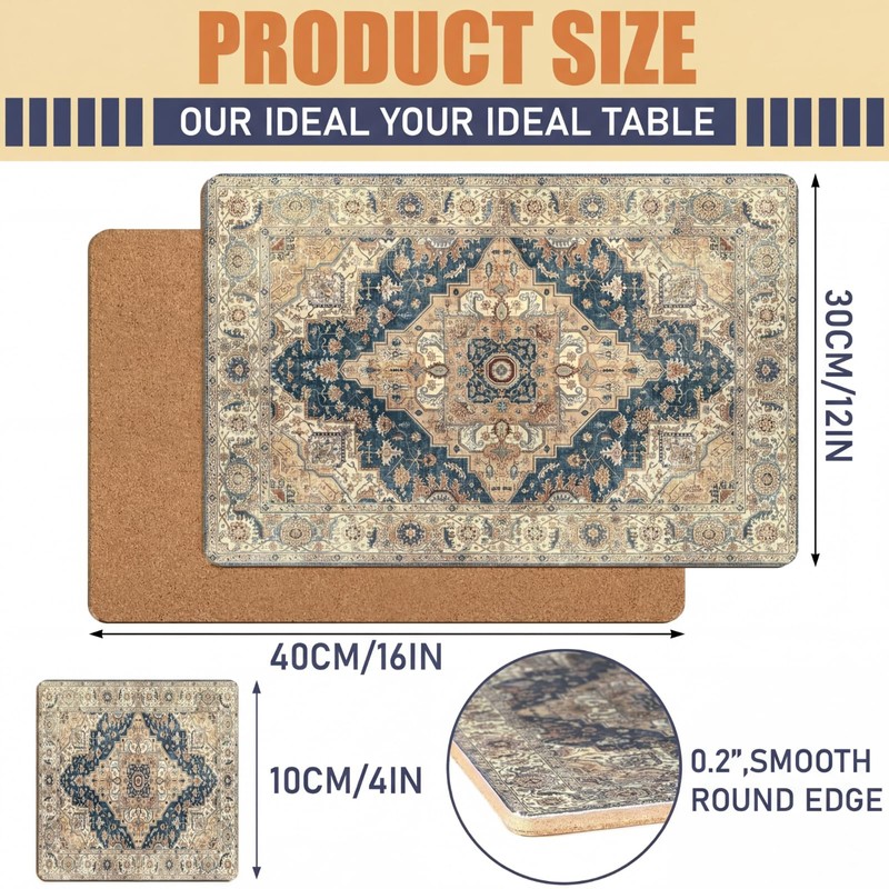 Bucherry 6 Sets Boho Cork Placemats 16 x 12 Inch