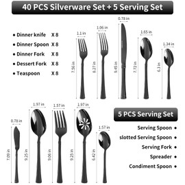 Black Silverware Set Service for 8, 18/10 Stainless Steel, 45 Piece Set, Flatware Cutlery Set with Serving Utensils, Mirror Polished