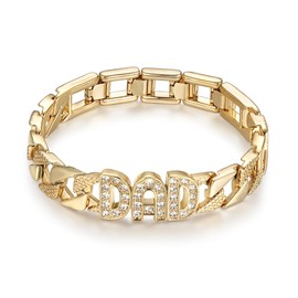 THE BLING KING 18mm Gold-Plated Dad Curb Bracelet with Stones, 8/9 Inch, Luxury Men's Jewellery Gift with Fold Over Clasp