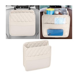 Mandark Car Seat Back Organizer, PU Leather Vehicle Backseat Hanging Storage Pocket, Multipurpose Automotive Travel Essentials Accessories for Kids & Adults, Universal for Most Cars（Beige）